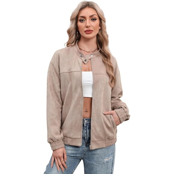 Women Faux Leather Jacket Oversized Suede Apricot Bomber Coat Fall Winter Outfit - Picture 3 of 4